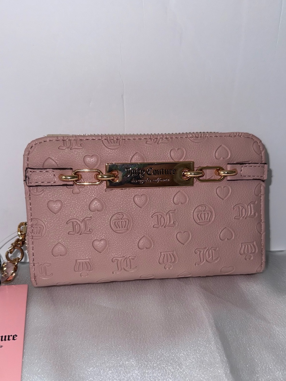 Juicy Couture Pink Embossed Heart & Crown Zip Around Wallet Gold Chain